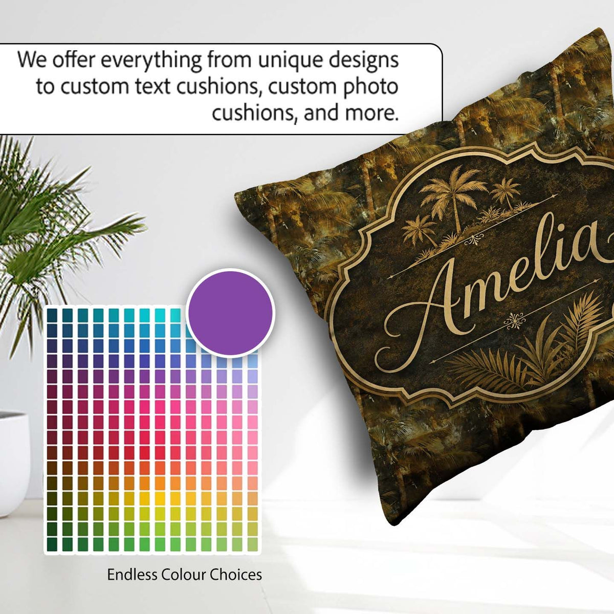 Custom Name Abstract Grunge Palm Tree Tropical Pattern Name Cute Square Filled Cushion Throw Pillow Sofa Bed Home Decor Zip Washable UK Made