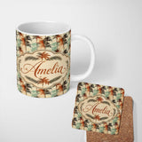 Personalized Custom Name Artistic Palm Tree Coastal Paint Effect Seamless Pattern Name Cute 11oz Ceramic Coffee Tea Mug White Large Handle