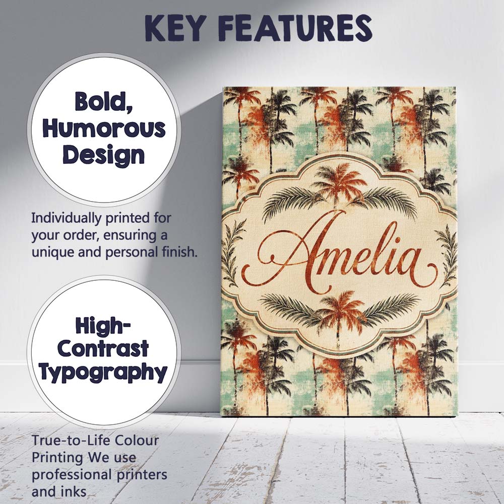 Personalised Name Artistic Palm Tree Custom Premium Decorative Design Modern Room Accent Canvas Wall Art Print Decor Picture Ready to Hang