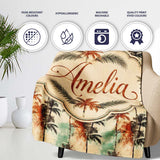 Artistic Palm Tree Coastal Paint Effect Seamless Pattern Name Cute  Personalised Custom Name Super Soft Fleece Blanket Bed Sofa Throw