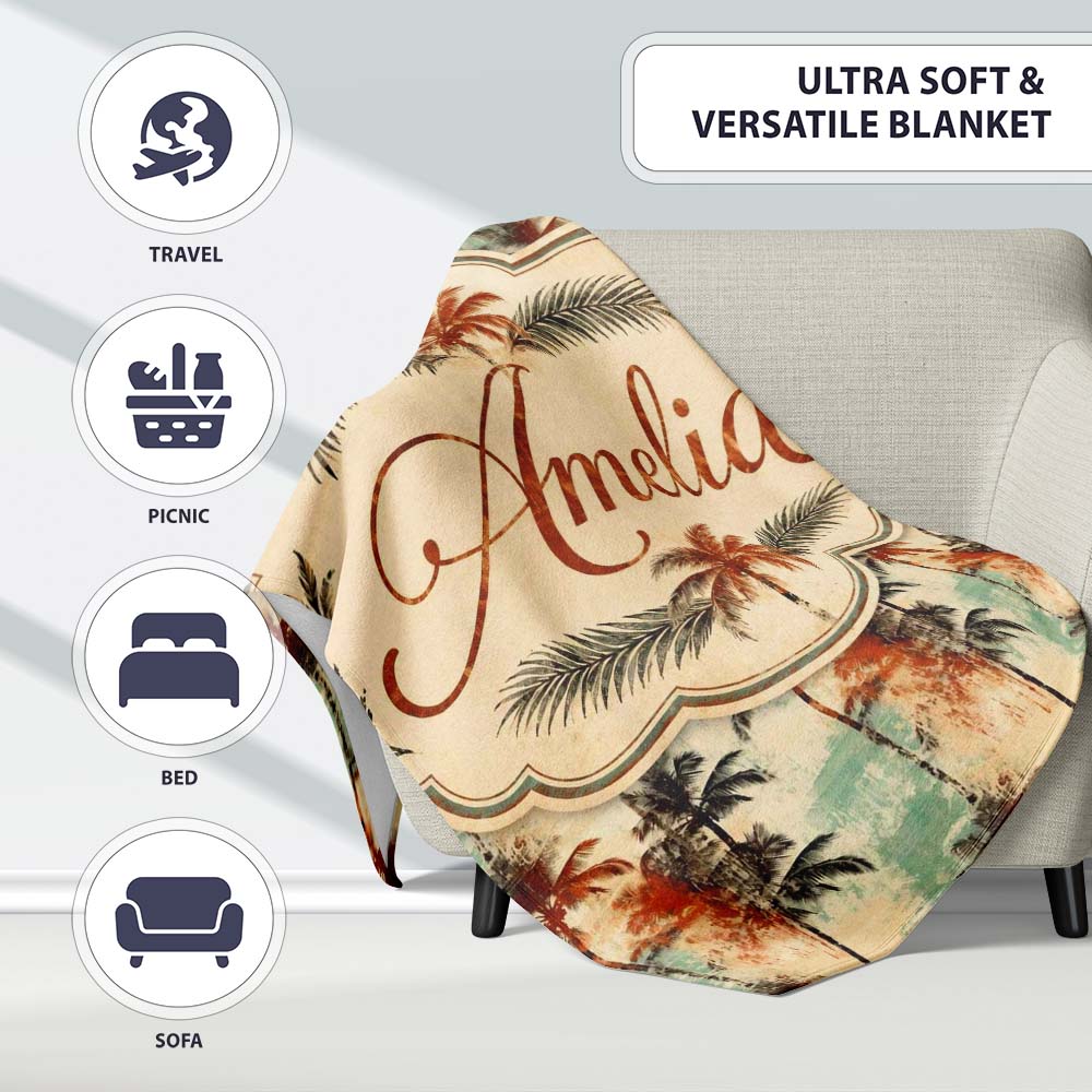 Artistic Palm Tree Coastal Paint Effect Seamless Pattern Name Cute  Personalised Custom Name Super Soft Fleece Blanket Bed Sofa Throw