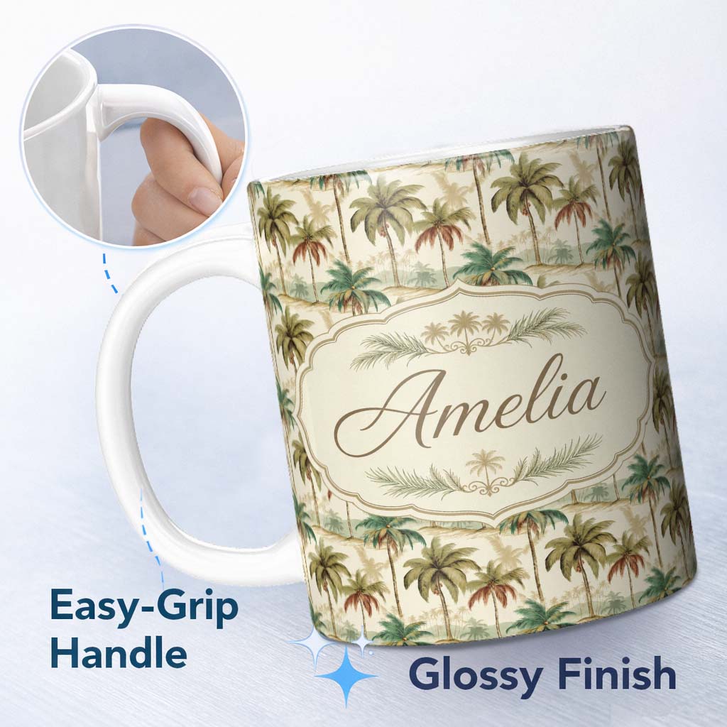 Personalized Custom Name Soft Tropical Palm Landscape Vintage Seamless Pattern Name Cute 11oz Ceramic Coffee Tea Mug White Large Handle