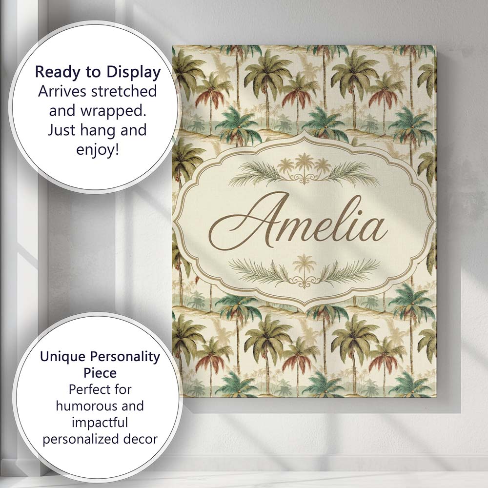 Personalised Name Soft Tropical Palm Custom Premium Decorative Design Modern Room Accent Canvas Wall Art Print Decor Picture Ready to Hang