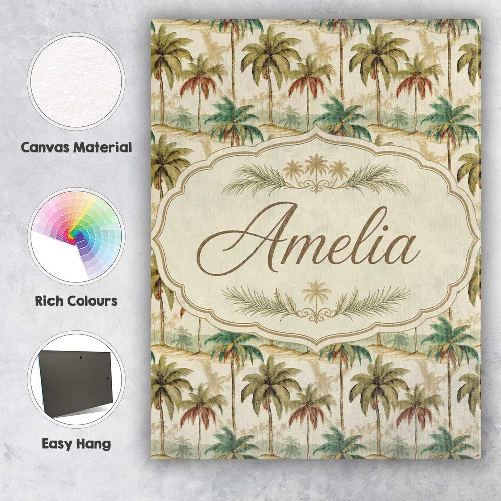 Personalised Name Soft Tropical Palm Custom Premium Decorative Design Modern Room Accent Canvas Wall Art Print Decor Picture Ready to Hang