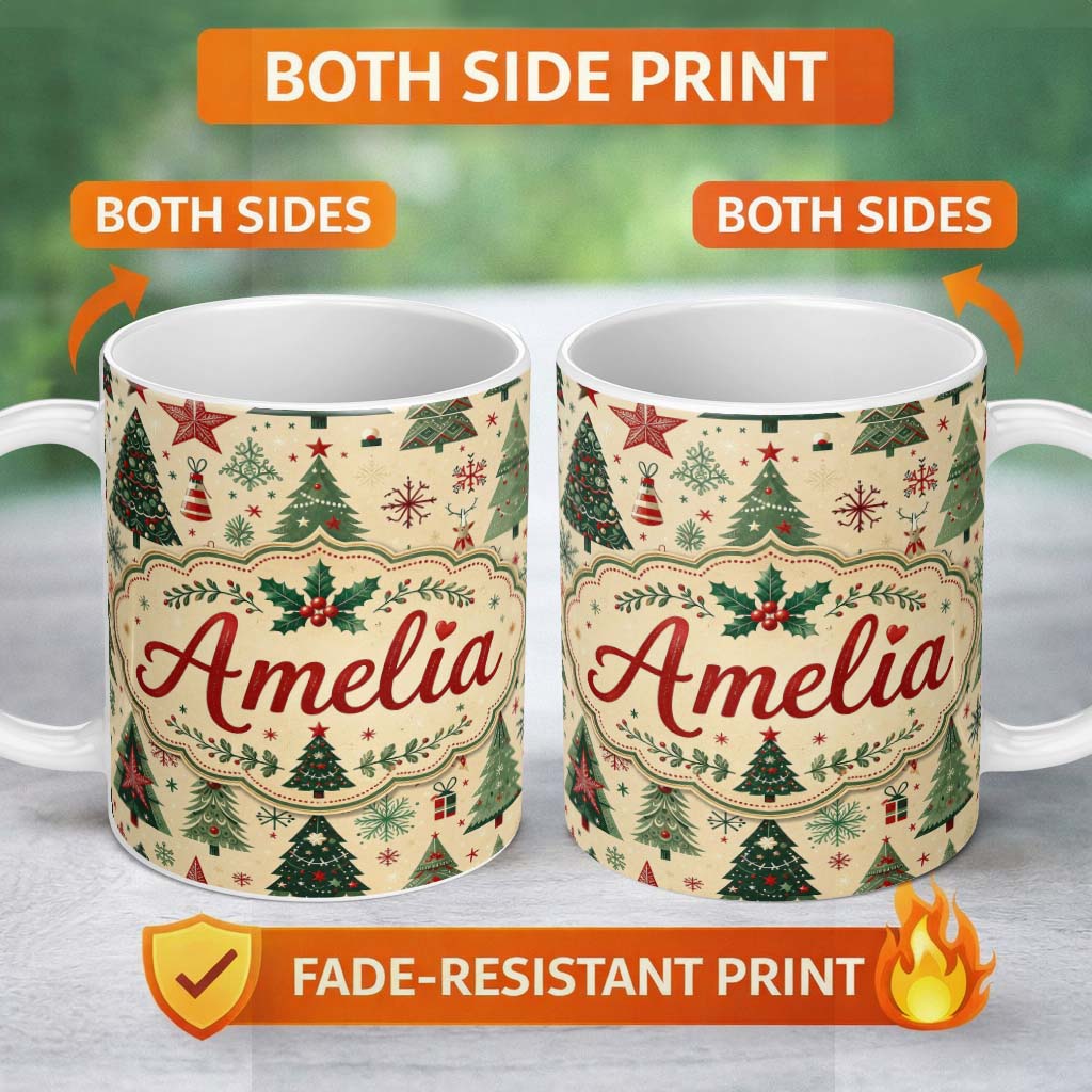 Personalized Custom Name Christmas Tree Star Snowflake Folk Art Seamless Pattern Lovely 11oz Ceramic Coffee Tea Mug White Large Handle