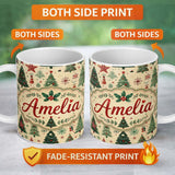 Personalized Custom Name Christmas Tree Star Snowflake Folk Art Seamless Pattern Lovely 11oz Ceramic Coffee Tea Mug White Large Handle