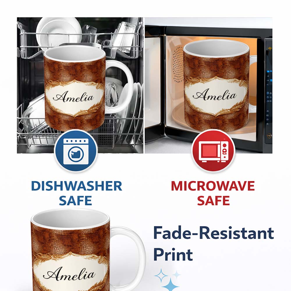 Personalized Custom Name Brown Crocodile Leather Texture Pattern Charming Kitchen Decor 11oz Ceramic Coffee Tea Mug White Large Handle