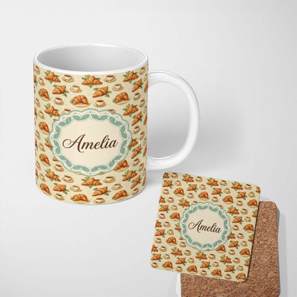 Personalized Custom Name Vintage Croissant Coffee Cup Classic French Breakfast Illustration 11oz Ceramic Coffee Tea Mug White Large Handle