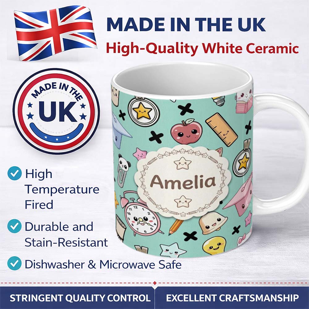 Personalized Custom Name Cute Kawaii School Supplies And Study Seamless Pattern Mint Lovely 11oz Ceramic Coffee Tea Mug White Large Handle
