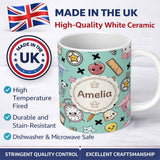 Personalized Custom Name Cute Kawaii School Supplies And Study Seamless Pattern Mint Lovely 11oz Ceramic Coffee Tea Mug White Large Handle