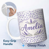 Personalized Custom Name Subtle Lavender Botanical Scatter Pattern in Gentle Pastel Shades 11oz Ceramic Coffee Tea Mug White Large Handle