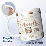 Personalized Custom Name Cute Woodland Hedgehogs with Mushrooms Leaves White Background 11oz Ceramic Coffee Tea Mug White Large Handle