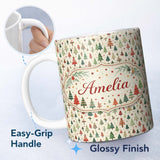 Personalized Custom Name Minimal Christmas Tree Scandinavian Neutral Seamless Pattern Lovely 11oz Ceramic Coffee Tea Mug White Large Handle