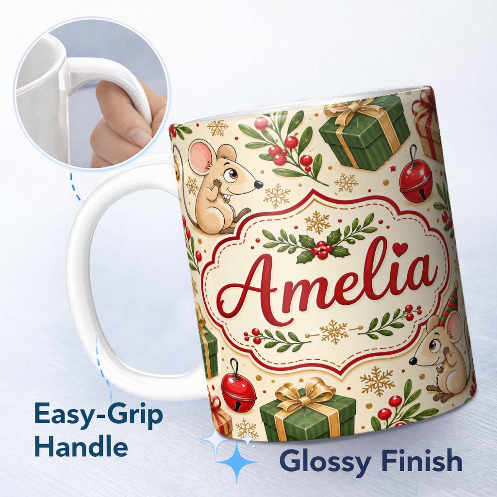 Personalized Custom Name Cute Christmas Mouse with Gifts Berries and Snowflakes Seamless 11oz Ceramic Coffee Tea Mug White Large Handle
