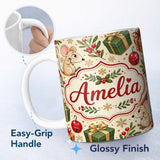 Personalized Custom Name Cute Christmas Mouse with Gifts Berries and Snowflakes Seamless 11oz Ceramic Coffee Tea Mug White Large Handle