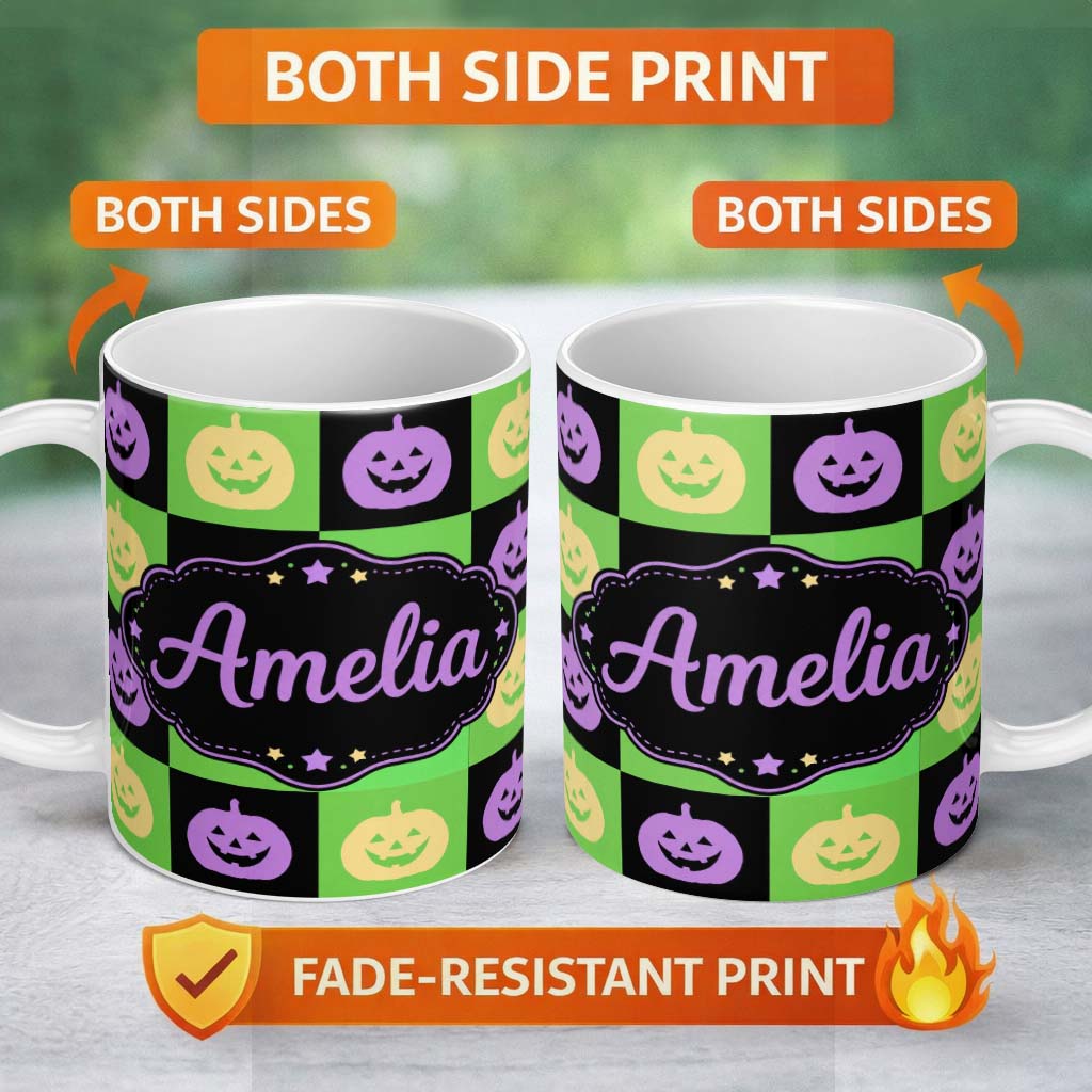 Personalized Custom Name Halloween Pumpkin Checkerboard Purple Green Seamless Pattern UK 11oz Ceramic Coffee Tea Mug White Large Handle