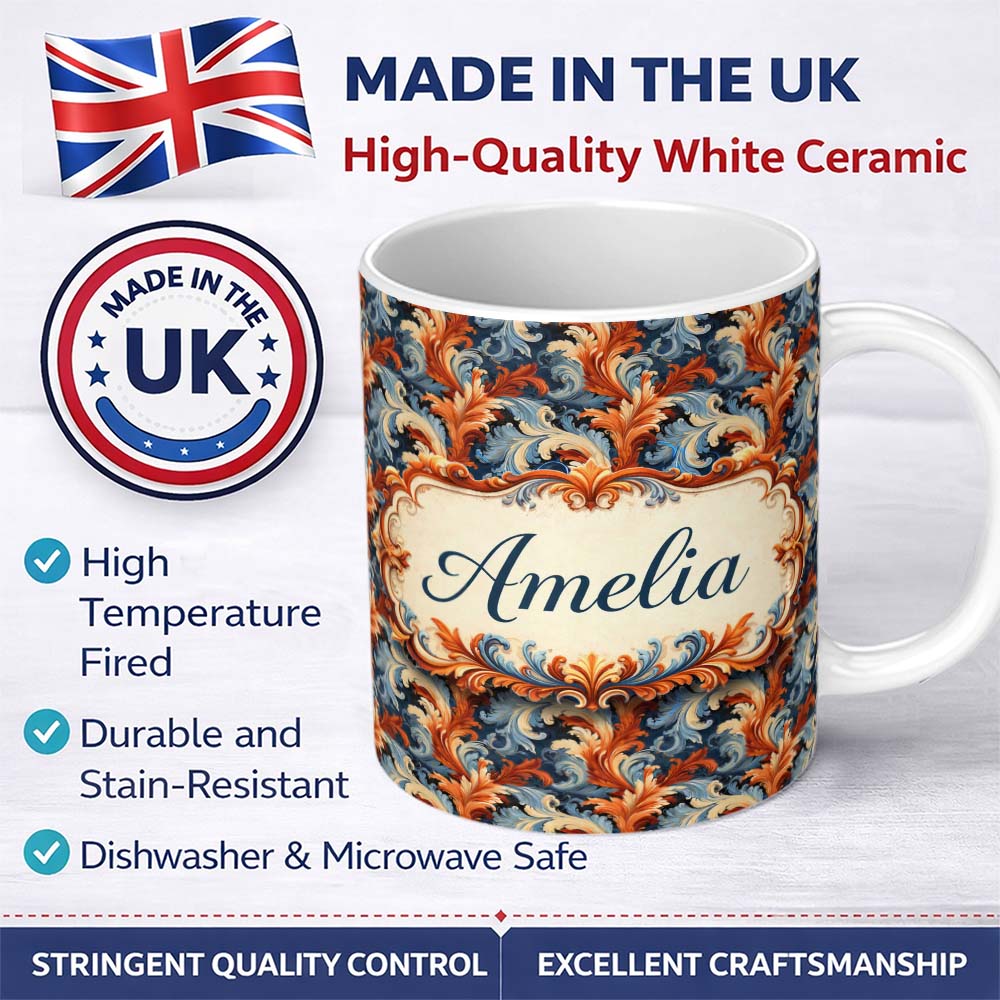 Personalized Custom Name Blue Orange Baroque Floral Artistic Ornamental Decorative Design 11oz Ceramic Coffee Tea Mug White Large Handle