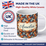 Personalized Custom Name Blue Orange Baroque Floral Artistic Ornamental Decorative Design 11oz Ceramic Coffee Tea Mug White Large Handle