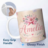 Personalized Custom Name Cute Watercolor Roses Bouquet with Red Ribbon Warm Beige Background 11oz Ceramic Coffee Tea Mug White Large Handle