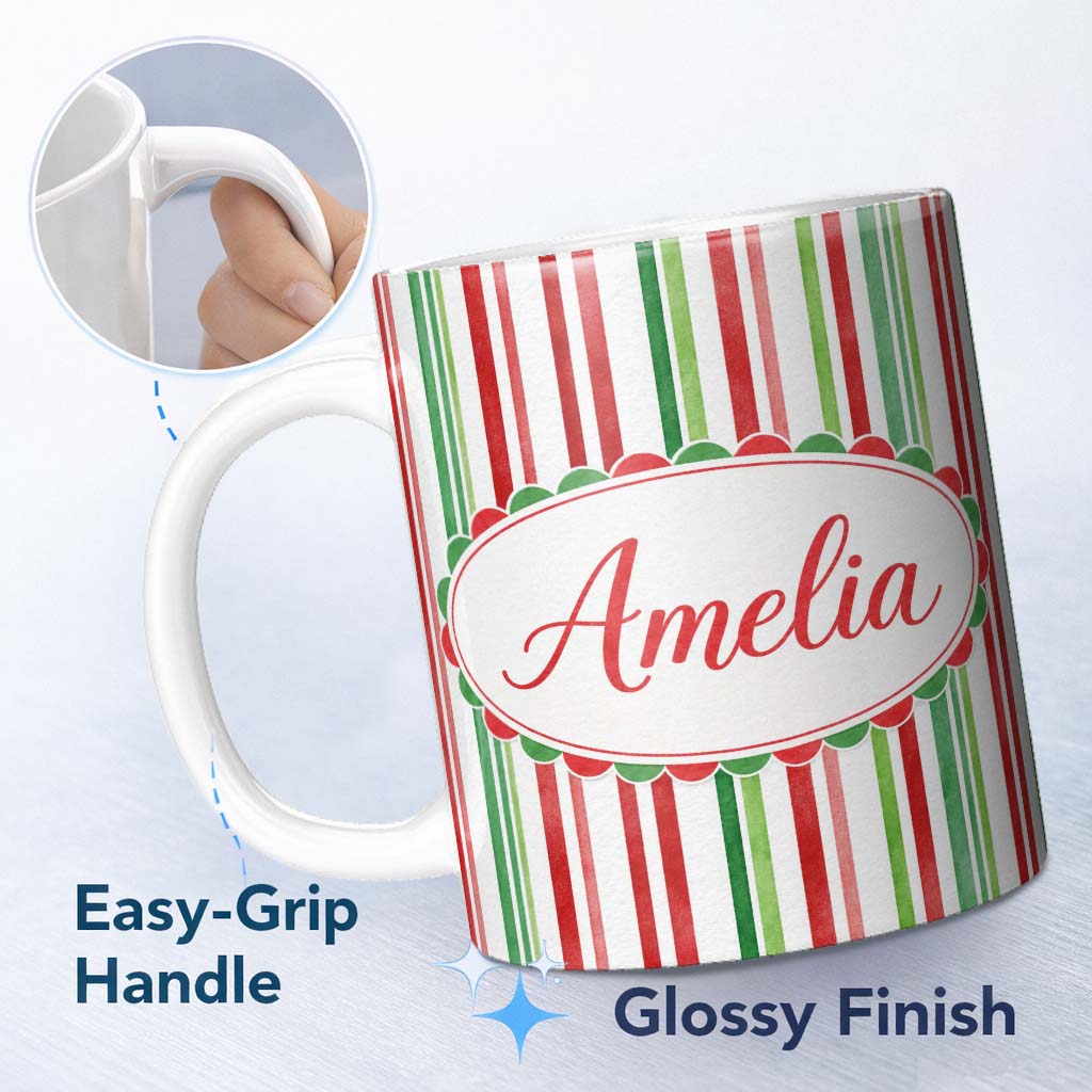 Personalized Custom Name Watercolor Vertical Red Green Stripe Christmas Seamless Pattern 11oz Ceramic Coffee Tea Mug White Large Handle
