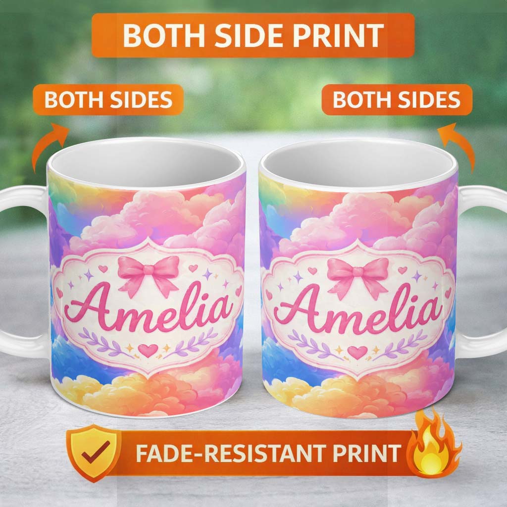 Personalized Custom Name Pastel Rainbow Cloud Sky Dreamy Seamless Pattern Cute Unique Gift 11oz Ceramic Coffee Tea Mug White Large Handle