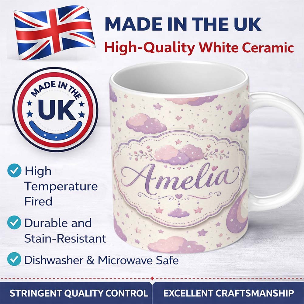Personalized Custom Name Pastel Night Sky with Moon Clouds and Stars Seamless Pattern Lovely 11oz Ceramic Coffee Tea Mug White Large Handle