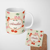 Personalized Custom Name Cute Cherry Fruit with Bow and Sprinkles Pattern Light Olive Lovely 11oz Ceramic Coffee Tea Mug White Large Handle