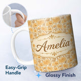 Personalized Custom Name Dense Golden Chrysanthemum Floral Pattern with Dark Foliage Lovely 11oz Ceramic Coffee Tea Mug White Large Handle