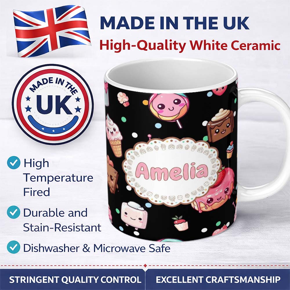 Personalized Custom Name Cute Kawaii Desserts Candy Cakes and Sweet Treat Characters Seamless 11oz Ceramic Coffee Tea Mug White Large Handle