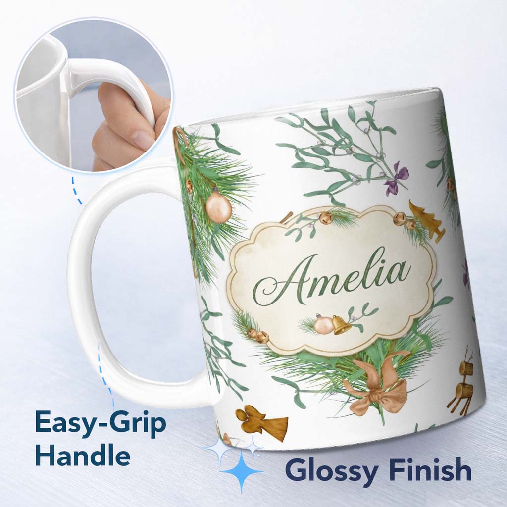 Personalized Custom Name Elegant Christmas Pine Branch Mistletoe Ornament Bells Seamless 11oz Ceramic Coffee Tea Mug White Large Handle