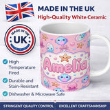 Personalized Custom Name Kawaii Jellyfish Starfish and Cute Sea Creatures Warm Pink Lovely 11oz Ceramic Coffee Tea Mug White Large Handle
