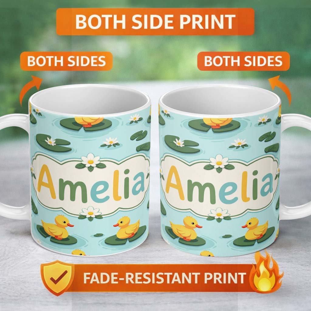 Personalized Custom Name Cute Ducks on Lily Pads Pond Nature Seamless Pattern Lovely 11oz Ceramic Coffee Tea Mug White Large Handle
