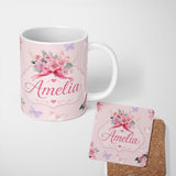 Personalized Custom Name Watercolor Rose Bouquet with Red Ribbon and Butterflies Soft Blush 11oz Ceramic Coffee Tea Mug White Large Handle