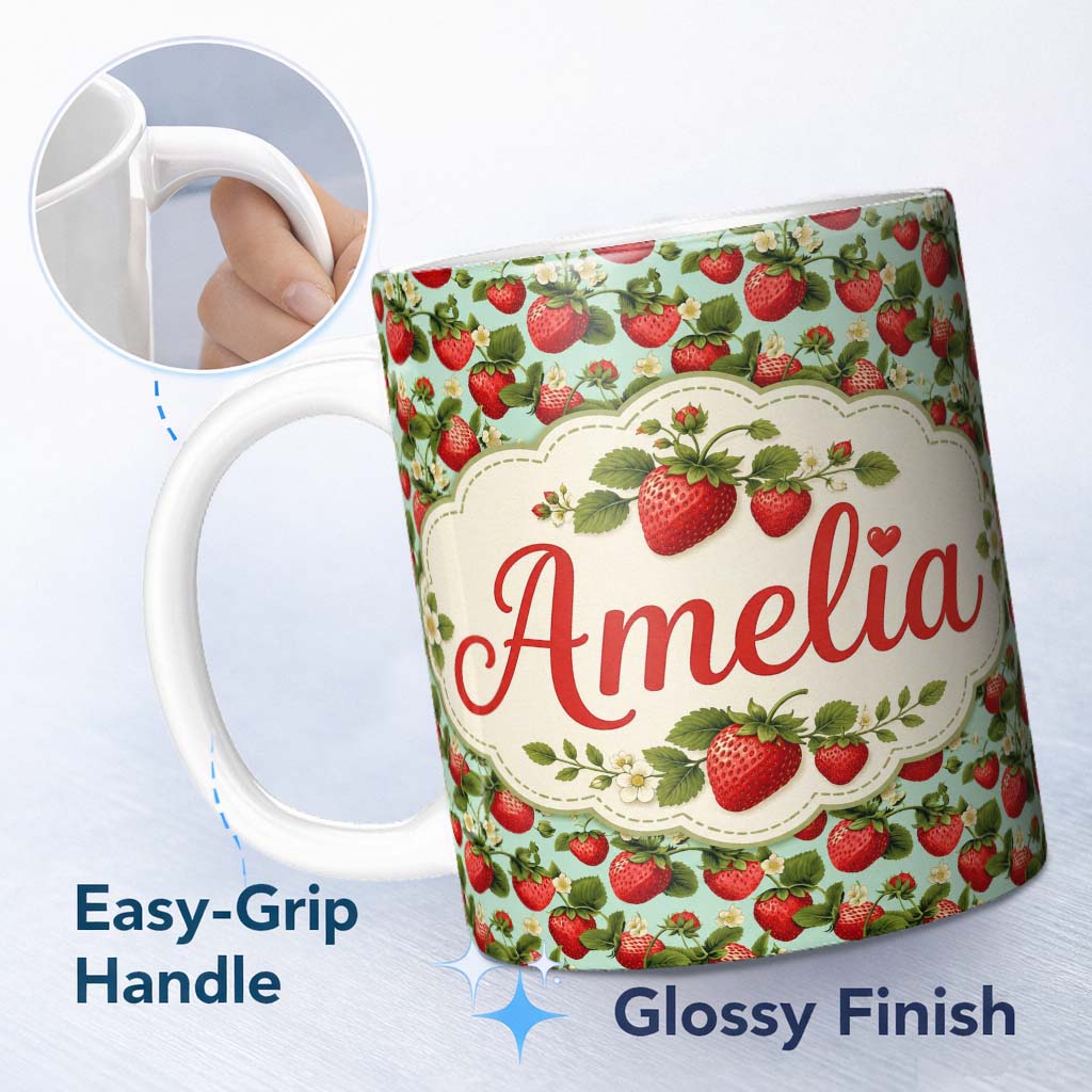 Personalized Custom Name Vintage Style Strawberries and Blossoms on Soft Mint Green Lovely 11oz Ceramic Coffee Tea Mug White Large Handle