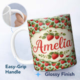 Personalized Custom Name Vintage Style Strawberries and Blossoms on Soft Mint Green Lovely 11oz Ceramic Coffee Tea Mug White Large Handle