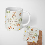 Personalized Custom Name Cute Woodland Deer Fox Mushroom Seamless Pattern on Light Grey 11oz Ceramic Coffee Tea Mug White Large Handle