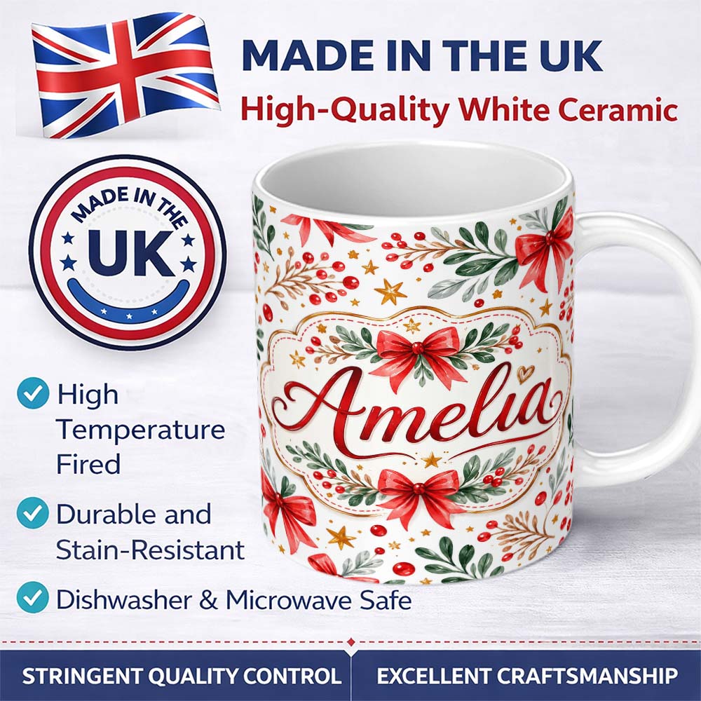 Personalized Custom Name Elegant Christmas Bows Holly Leaves Berries Watercolor Seamless 11oz Ceramic Coffee Tea Mug White Large Handle