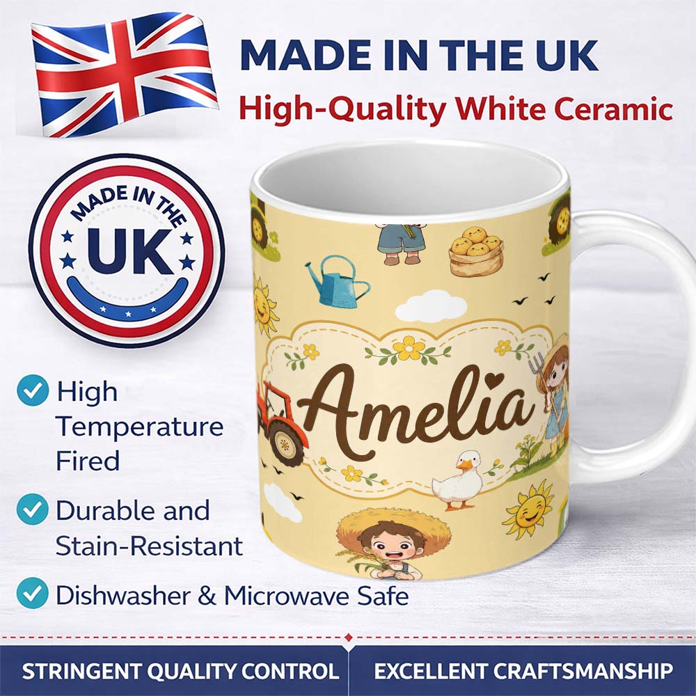 Personalized Custom Name Cute Farm Tractor Duck Girl with Clouds Beige Background Seamless 11oz Ceramic Coffee Tea Mug White Large Handle