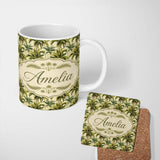 Personalized Custom Name Tropical Coconut Palm Tree Vintage Seamless Pattern Name Cute 11oz Ceramic Coffee Tea Mug White Large Handle