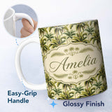 Personalized Custom Name Tropical Coconut Palm Tree Vintage Seamless Pattern Name Cute 11oz Ceramic Coffee Tea Mug White Large Handle