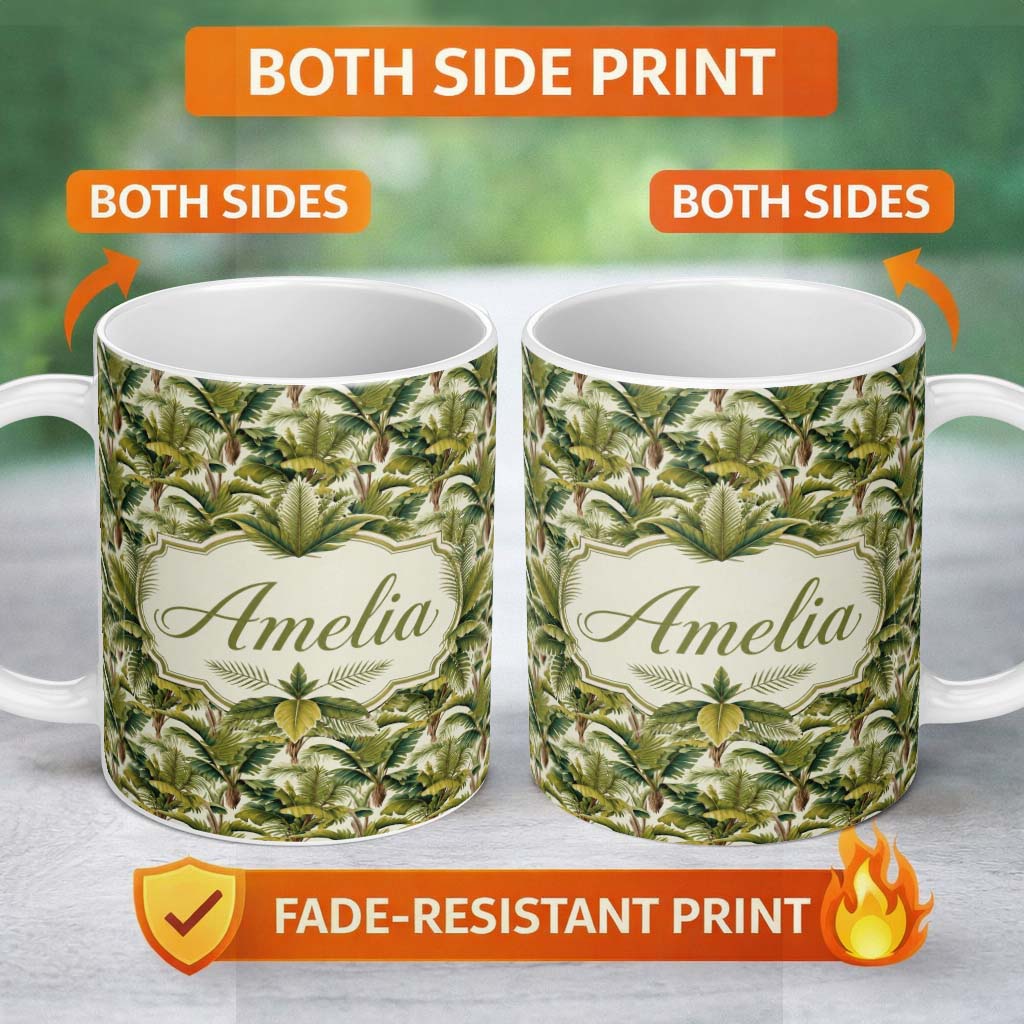 Personalized Custom Name Dense Tropical Banana Leaf Jungle Seamless Pattern Name Cute Unique 11oz Ceramic Coffee Tea Mug White Large Handle