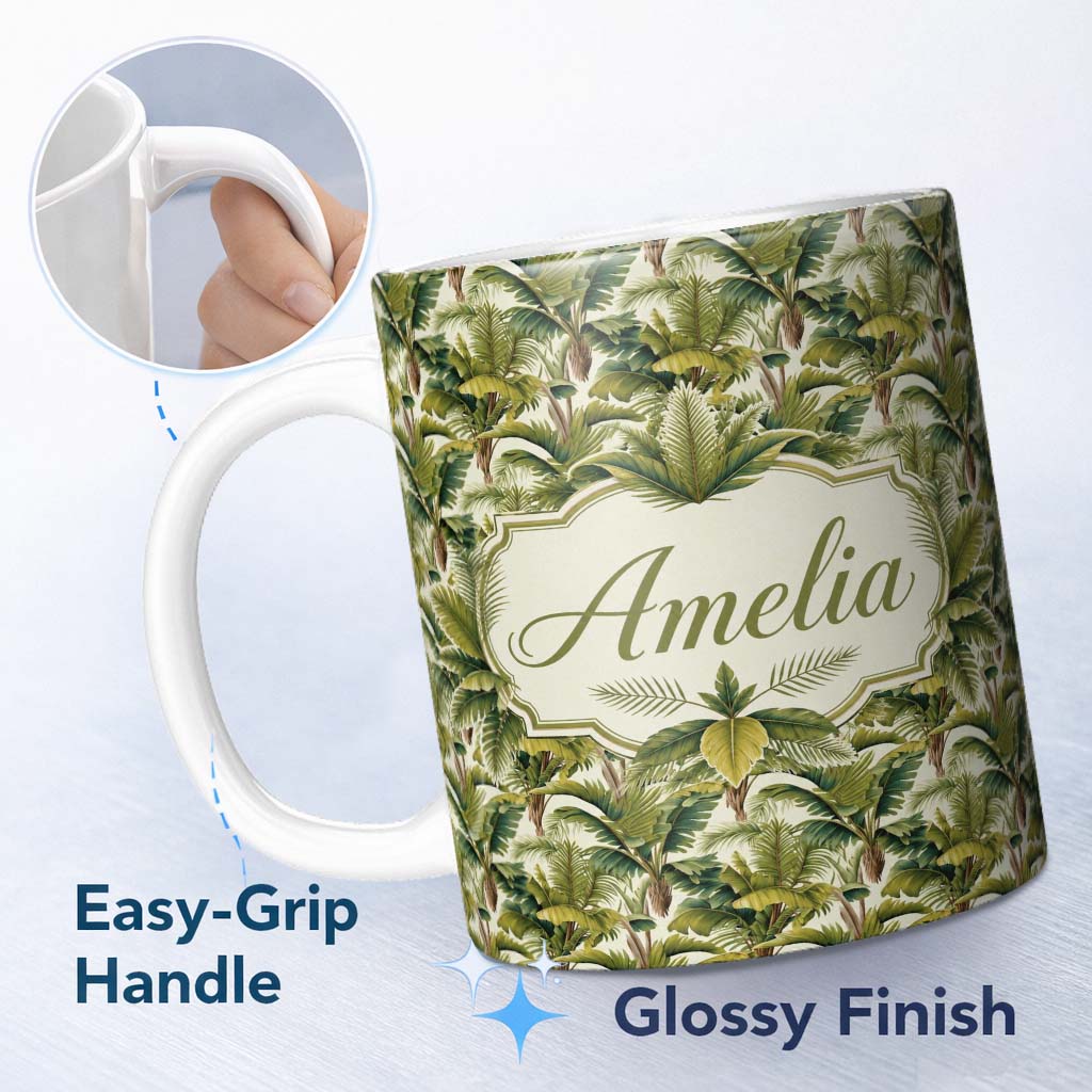 Personalized Custom Name Dense Tropical Banana Leaf Jungle Seamless Pattern Name Cute Unique 11oz Ceramic Coffee Tea Mug White Large Handle