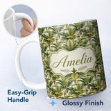 Personalized Custom Name Dense Tropical Banana Leaf Jungle Seamless Pattern Name Cute Unique 11oz Ceramic Coffee Tea Mug White Large Handle