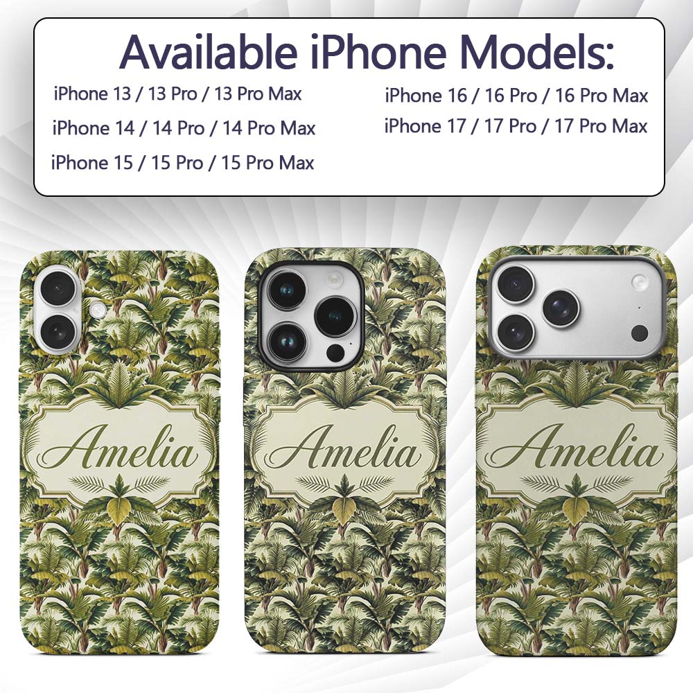 Dense Tropical Banana Leaf Jungle Printed Design Custom Name Protective Phone Case Mobile Cover Durable Everyday Smartphone Shock Resistant