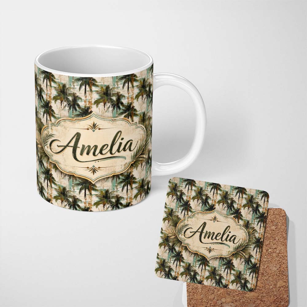 Personalized Custom Name Grunge Coastal Palm Tree Artistic Seamless Pattern Name Cute Unique 11oz Ceramic Coffee Tea Mug White Large Handle