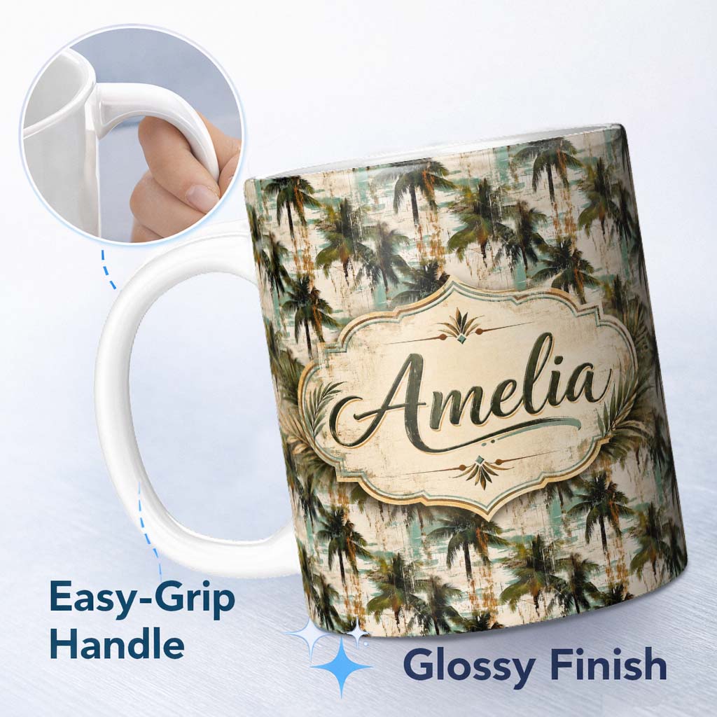 Personalized Custom Name Grunge Coastal Palm Tree Artistic Seamless Pattern Name Cute Unique 11oz Ceramic Coffee Tea Mug White Large Handle