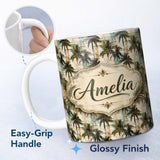 Personalized Custom Name Grunge Coastal Palm Tree Artistic Seamless Pattern Name Cute Unique 11oz Ceramic Coffee Tea Mug White Large Handle
