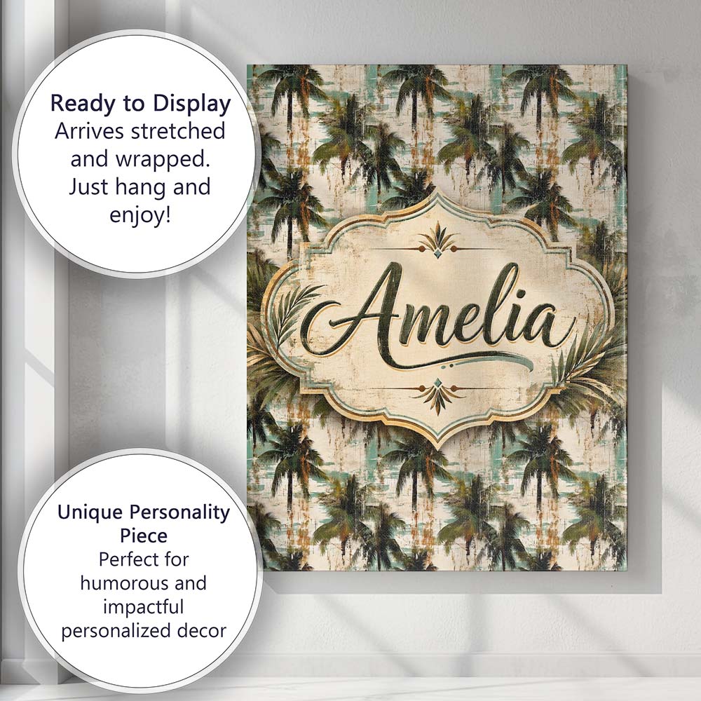 Personalised Name Grunge Coastal Palm Tree Custom  Unique Gift Idea Elegant Feature Canvas Wall Art Print Decor Picture Ready to Hang