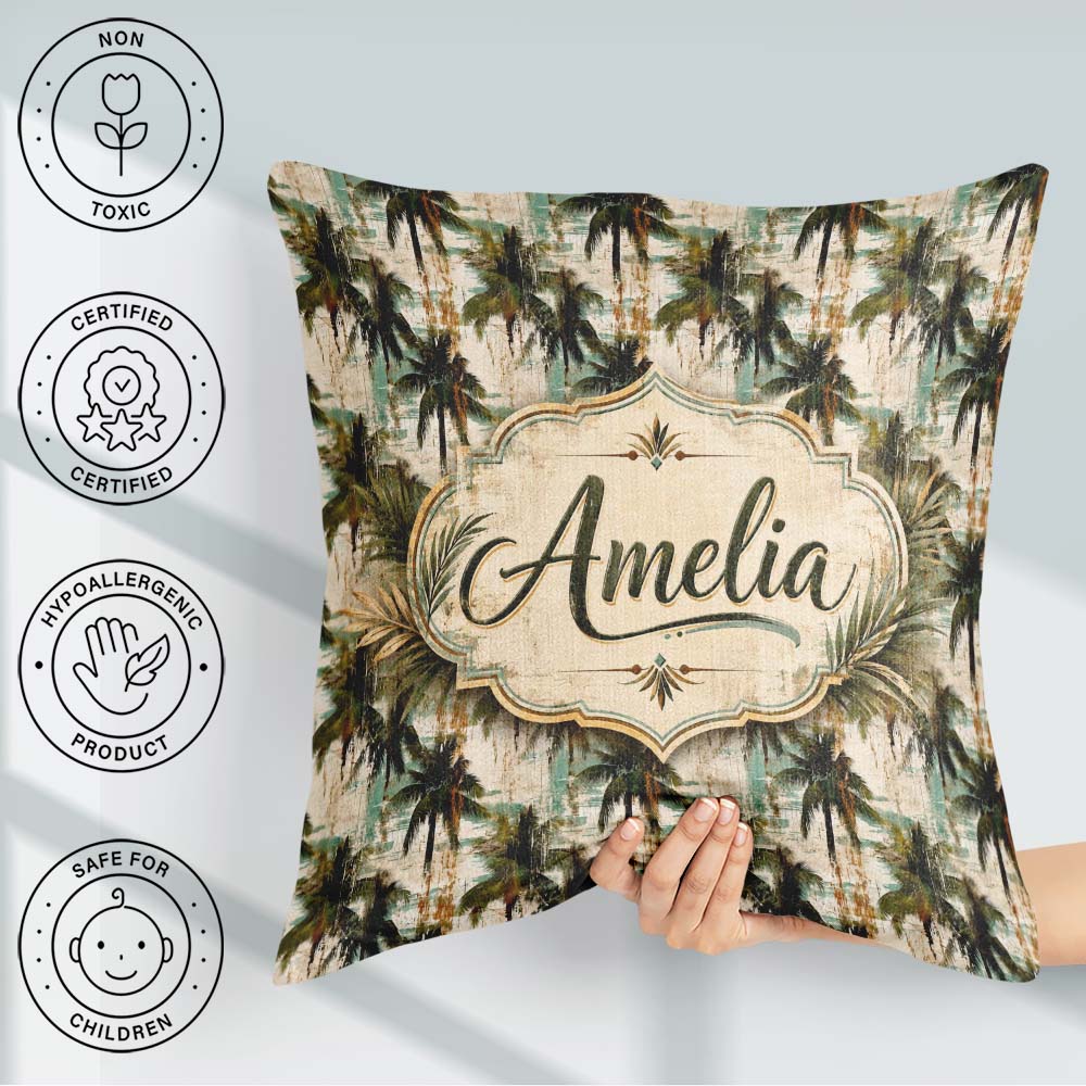 Custom Name Grunge Coastal Palm Tree Artistic Seamless Name Cute Square Filled Cushion Throw Pillow Sofa Bed Home Decor Zip Washable UK Made