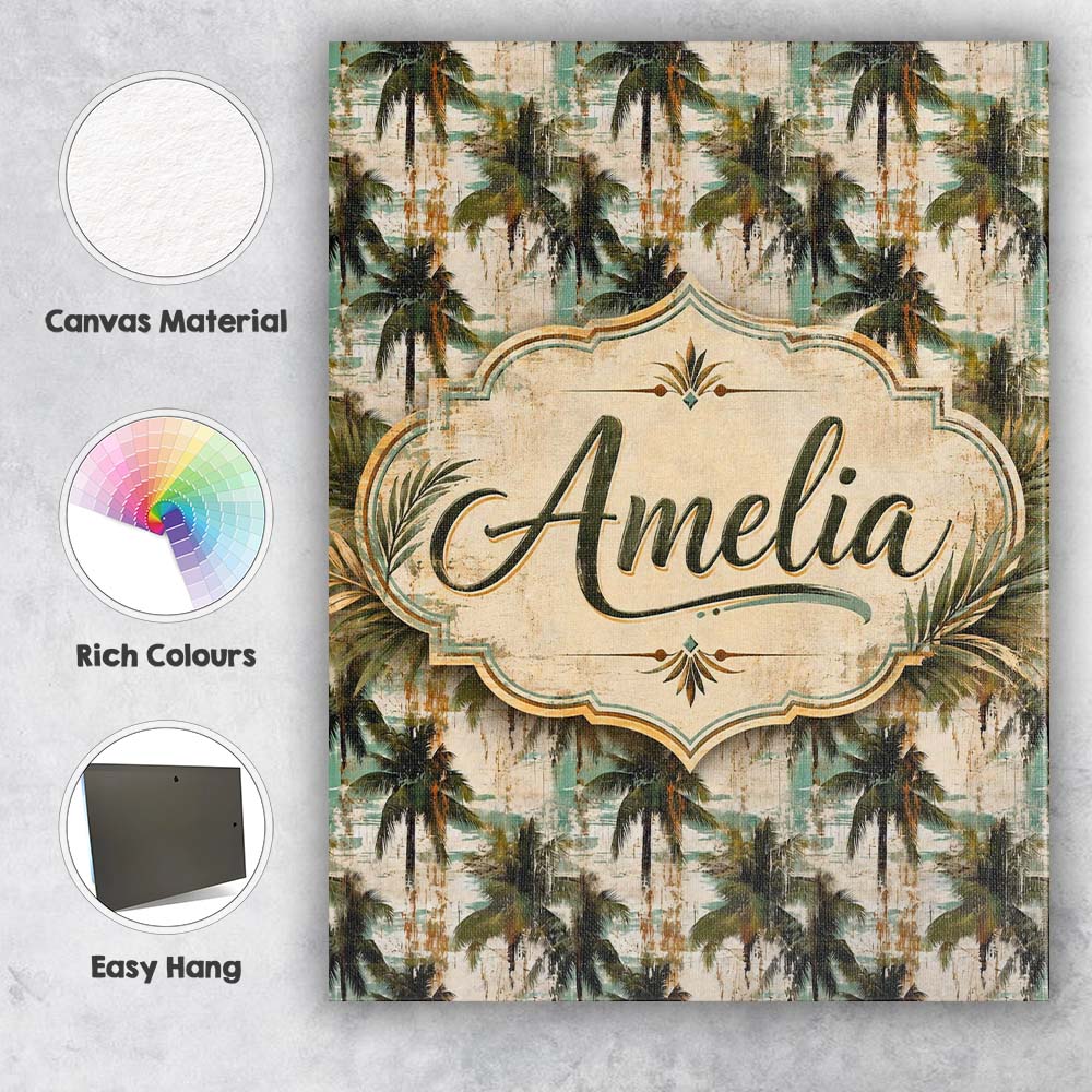 Personalised Name Grunge Coastal Palm Tree Custom  Unique Gift Idea Elegant Feature Canvas Wall Art Print Decor Picture Ready to Hang